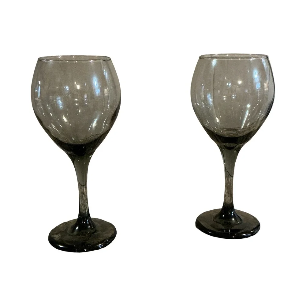 Vintage Smoky Gray Tinted‎ Wine Glasses Set of 2 Mid Century Modern Stemware